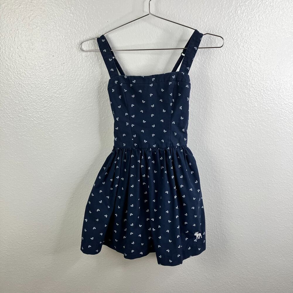 Abercrombie Kids Bow Print Dress Size L Navy Smocked Preppy Summer Vacation
